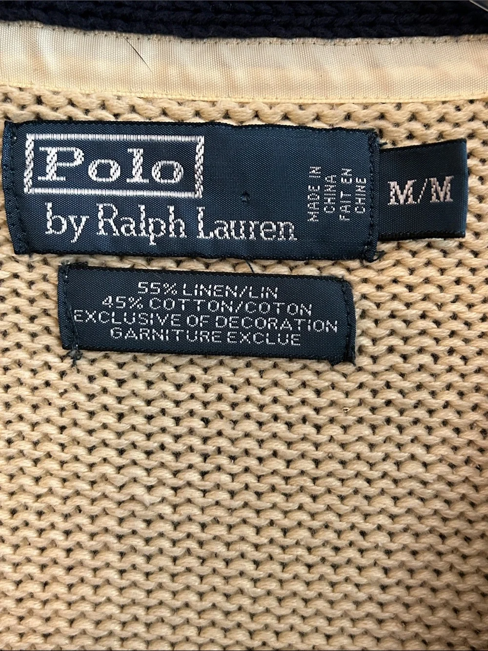 Polo by Ralph Lauren Men’s Sz M Beige and Navy Varsity Cardigan Sweater